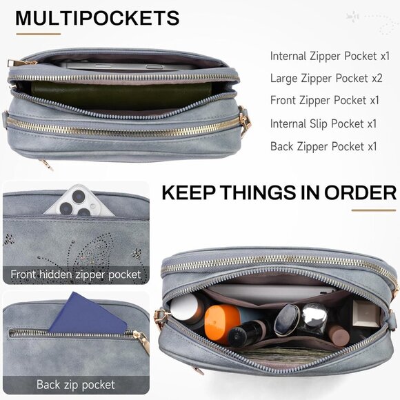 Vegan Leather Crossbody Bag Small Tote Womens Casual Purse with Pockets - Picture 3 of 6